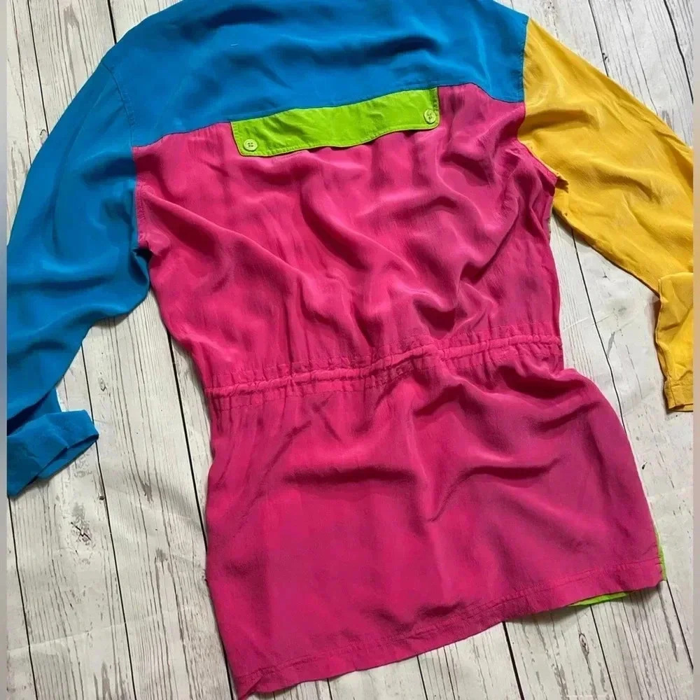Lightweight Vintage Color block 3/4 Sleeve Silk Button Up Shirt Cinched Waist Sm - Picture 7 of 15